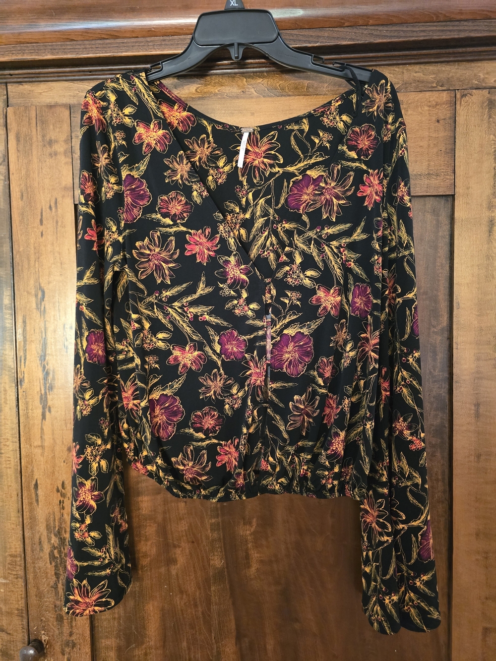 Free People Black Long-Sleeve Floral Top with Pink & Gold Blooms